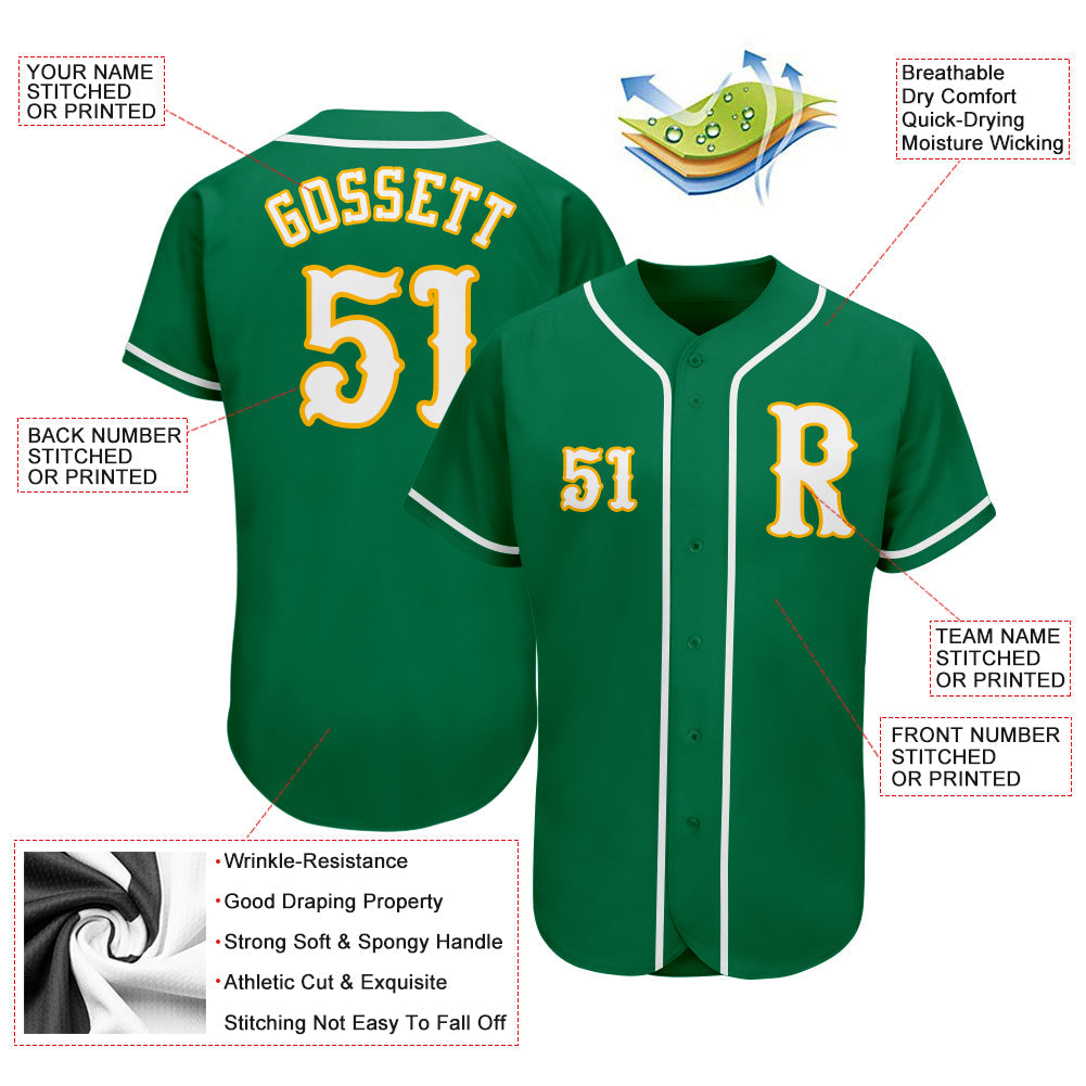 Custom Kelly Green White-Gold Authentic Baseball Jersey - Sky-Custom