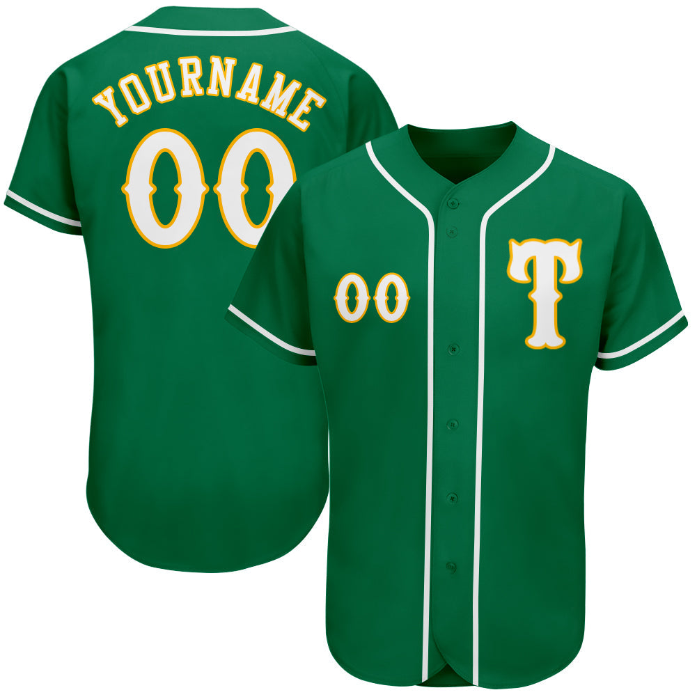Custom Kelly Green White-Gold Authentic Baseball Jersey - Sky-Custom