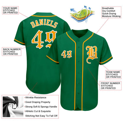 Custom Kelly Green Gold-White Authentic Baseball Jersey - Sky-Custom