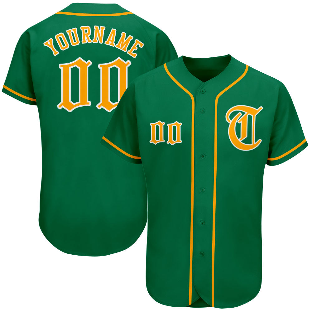 Custom Kelly Green Gold-White Authentic Baseball Jersey - Sky-Custom
