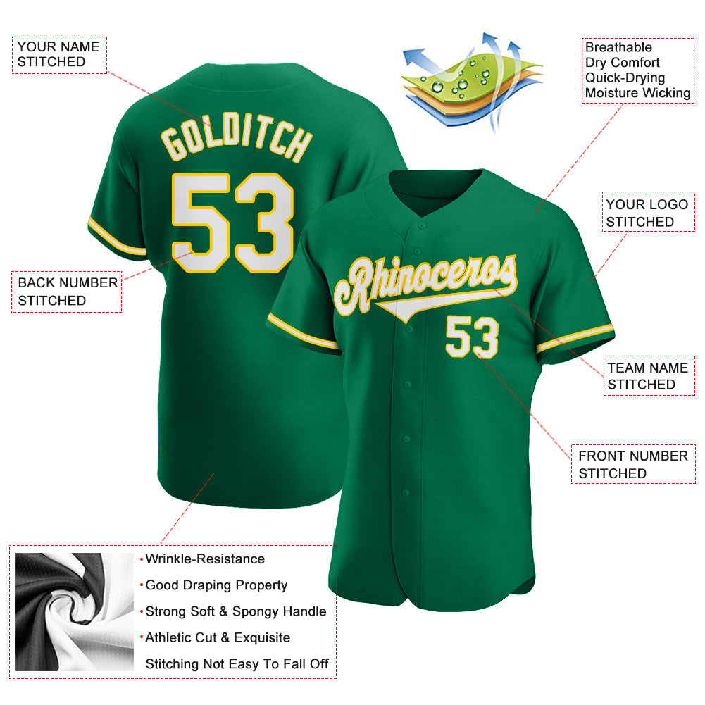 Custom Kelly Green White-Gold Authentic Baseball Jersey - Sky-Custom