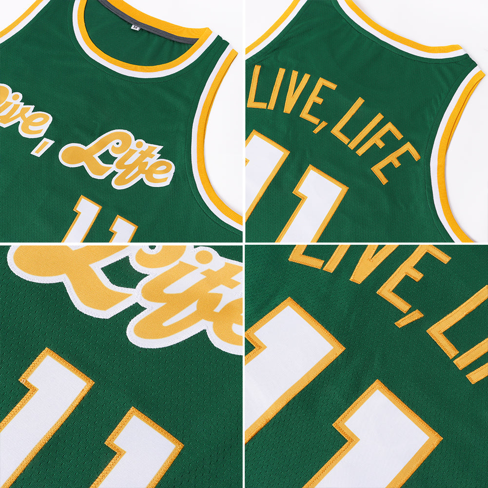 Custom Kelly Green White-Gold Round Neck Rib-Knit Basketball Jersey - Sky-Custom