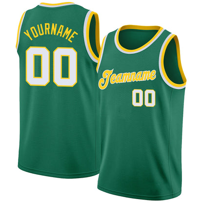 Custom Kelly Green White-Gold Round Neck Rib-Knit Basketball Jersey - Sky-Custom