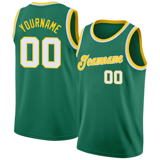 Custom Kelly Green White-Gold Round Neck Rib-Knit Basketball Jersey - Sky-Custom