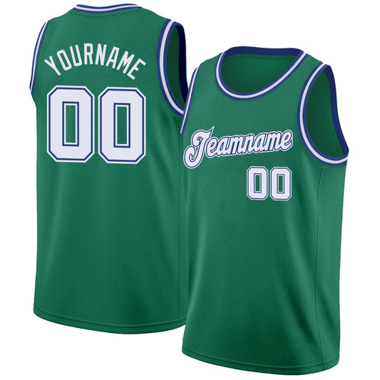 Custom Kelly Green White-Royal Round Neck Rib-Knit Basketball Jersey - Sky-Custom