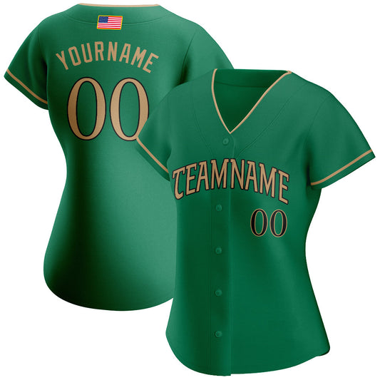 Custom Kelly Green Old Gold-Black Authentic American Flag Fashion Baseball Jersey - Sky-Custom