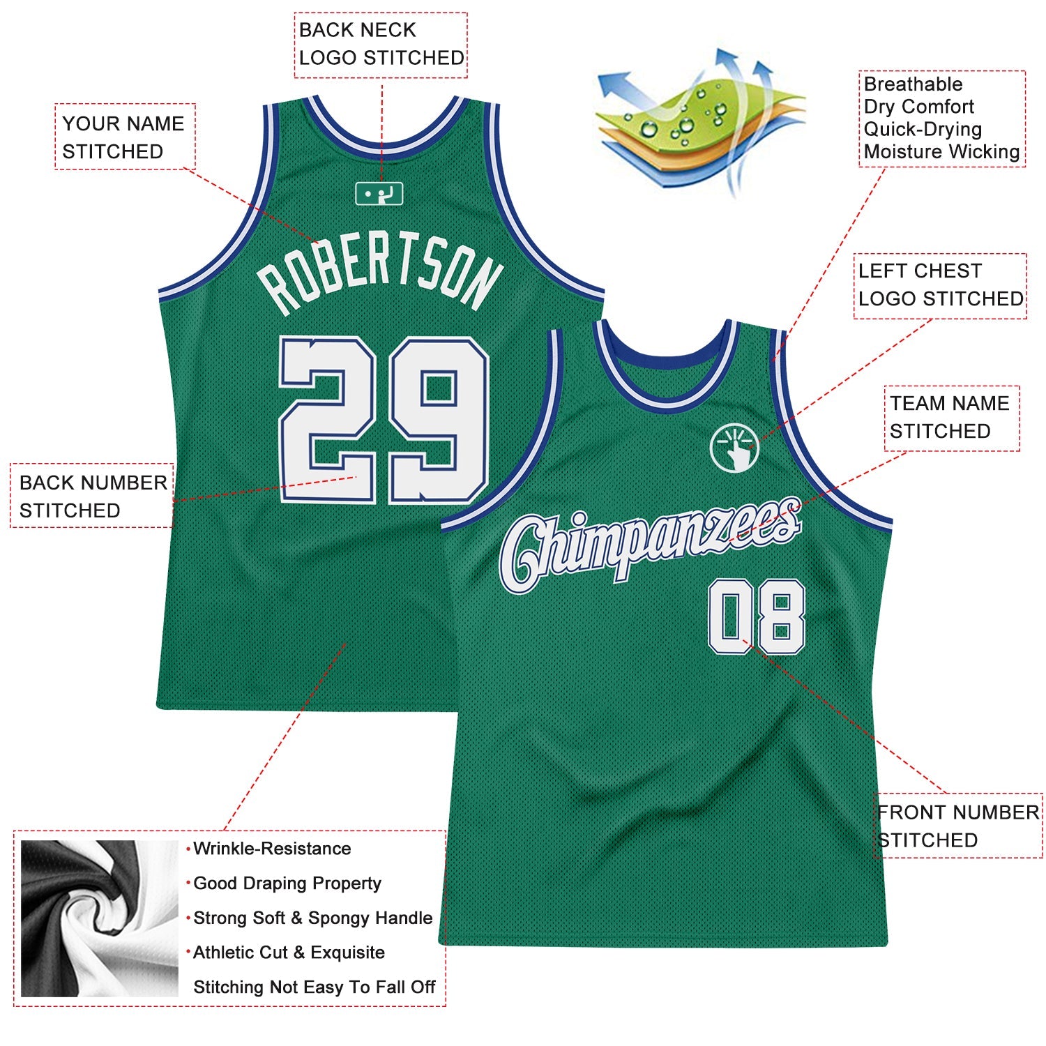 Custom Kelly Green White-Royal Authentic Throwback Basketball Jersey - Sky-Custom