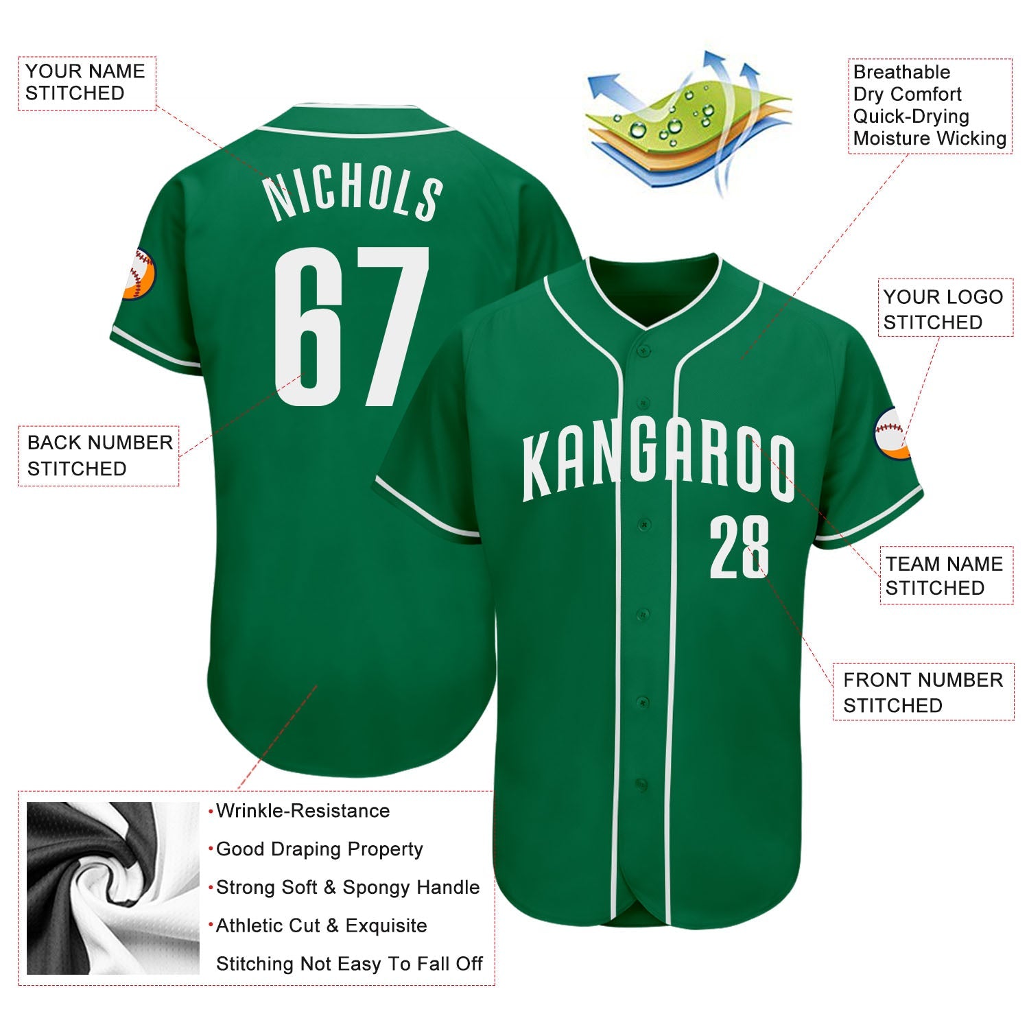 Custom Kelly Green White Authentic Baseball Jersey - Sky-Custom