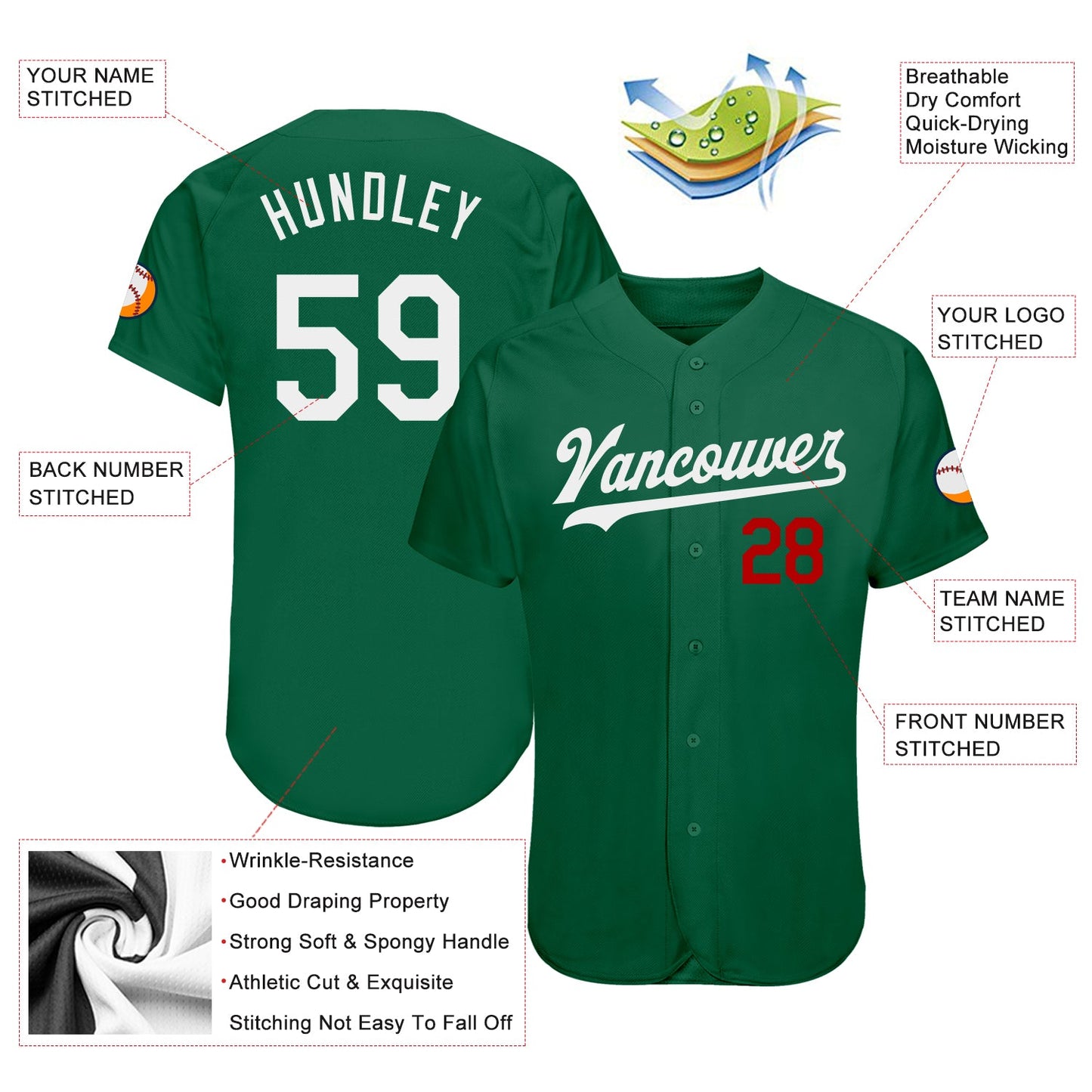 Custom Kelly Green White-Red Authentic Baseball Jersey - Sky-Custom