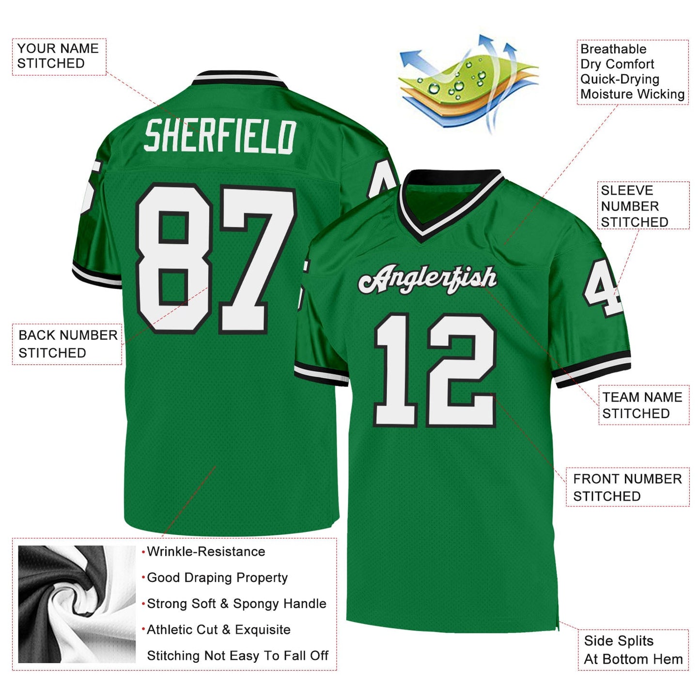 Custom Grass Green White-Black Mesh Authentic Throwback Football Jersey - Sky-Custom