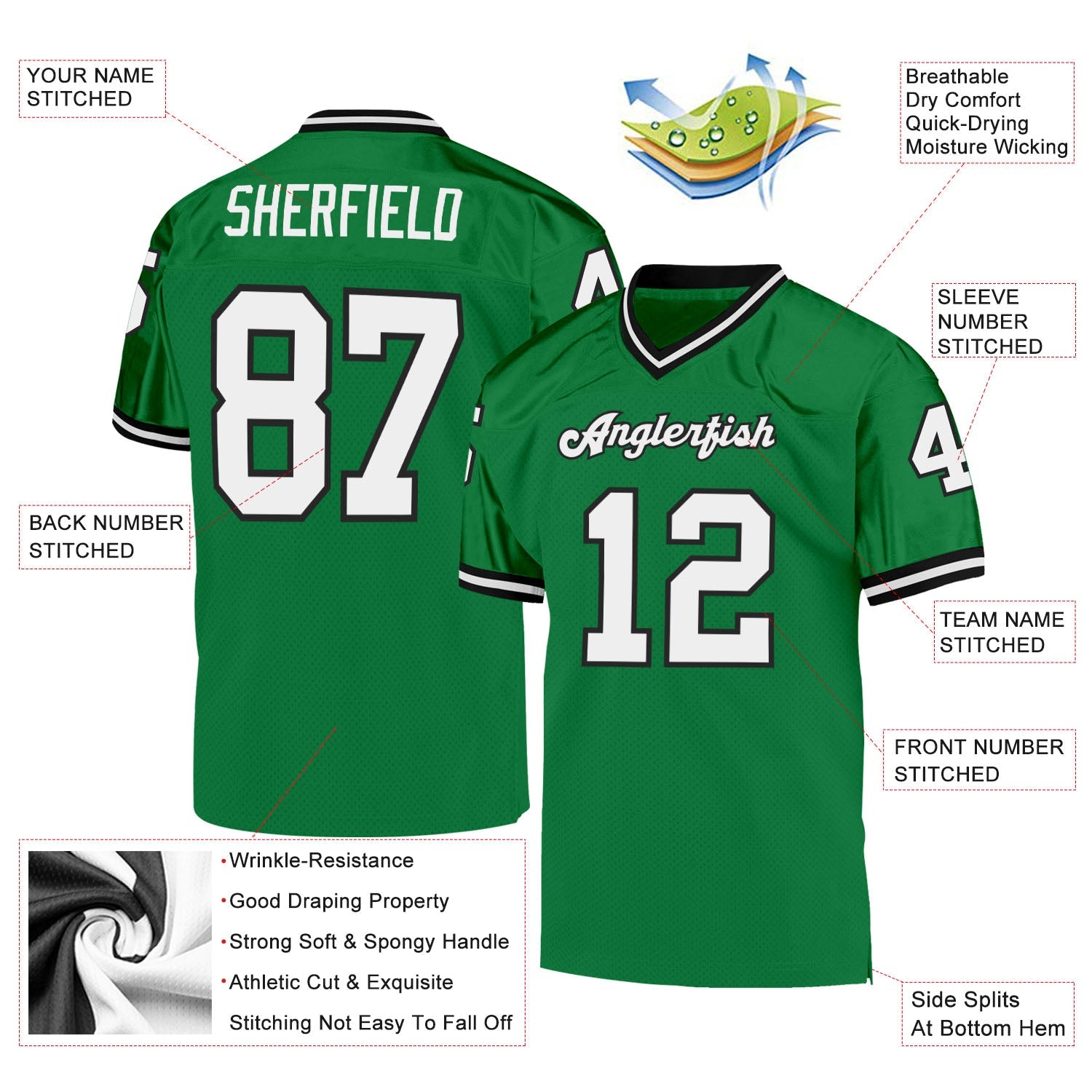 Custom Grass Green White-Black Mesh Authentic Throwback Football Jersey - Sky-Custom