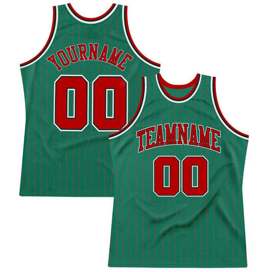 Custom Kelly Green Red Pinstripe Red-Black Authentic Basketball Jersey - Sky-Custom