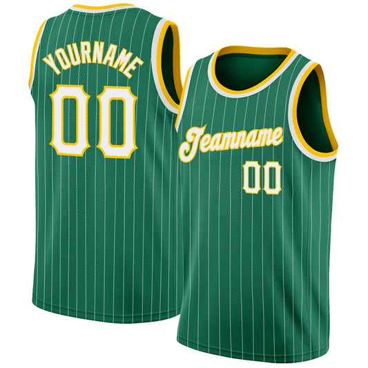 Custom Kelly Green White Pinstripe White-Gold Authentic Basketball Jersey - Sky-Custom