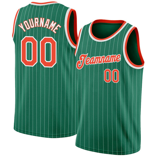 Custom Kelly Green White Pinstripe Orange-White Authentic Basketball Jersey - Sky-Custom