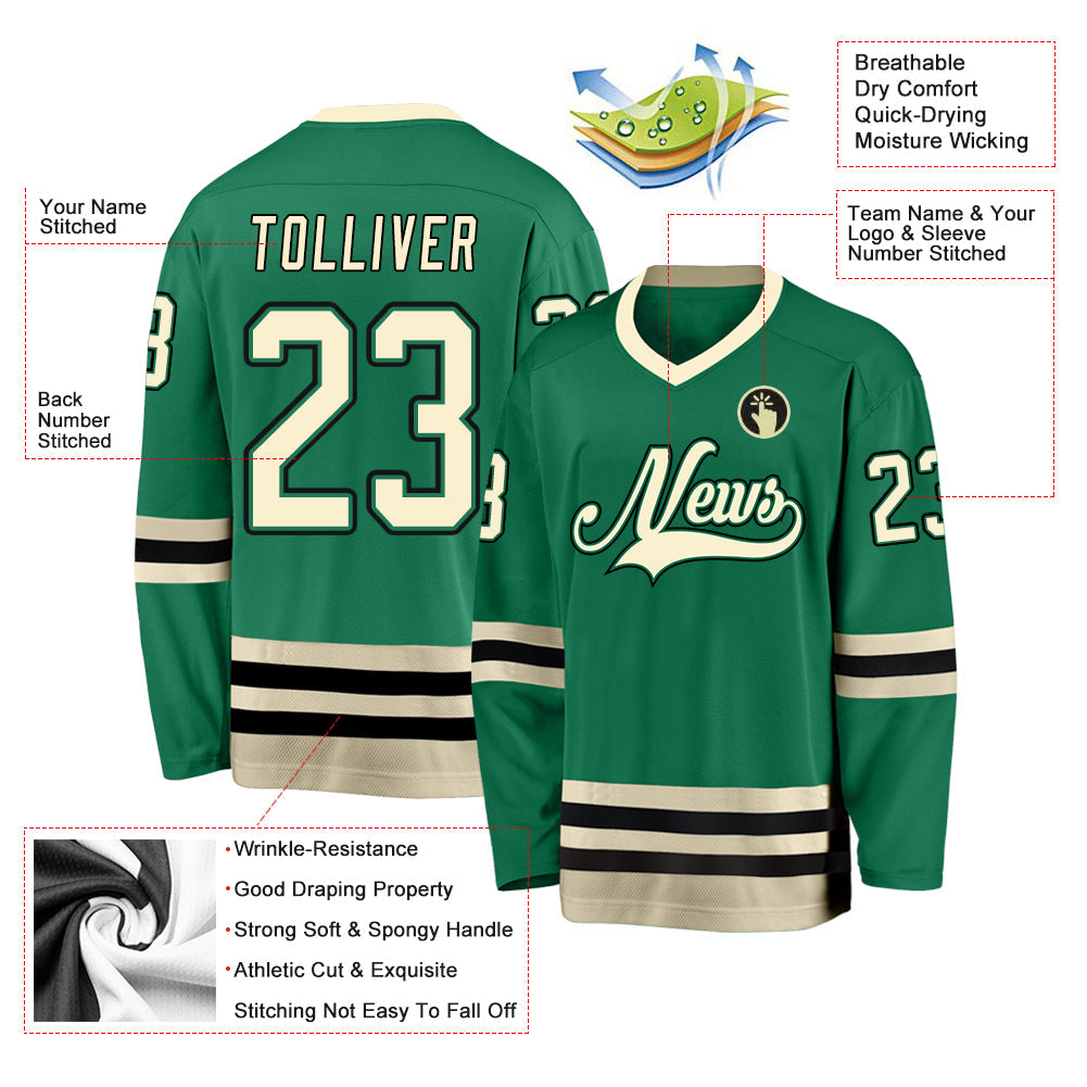 Custom Kelly Green Cream-Black Hockey Jersey - Sky-Custom