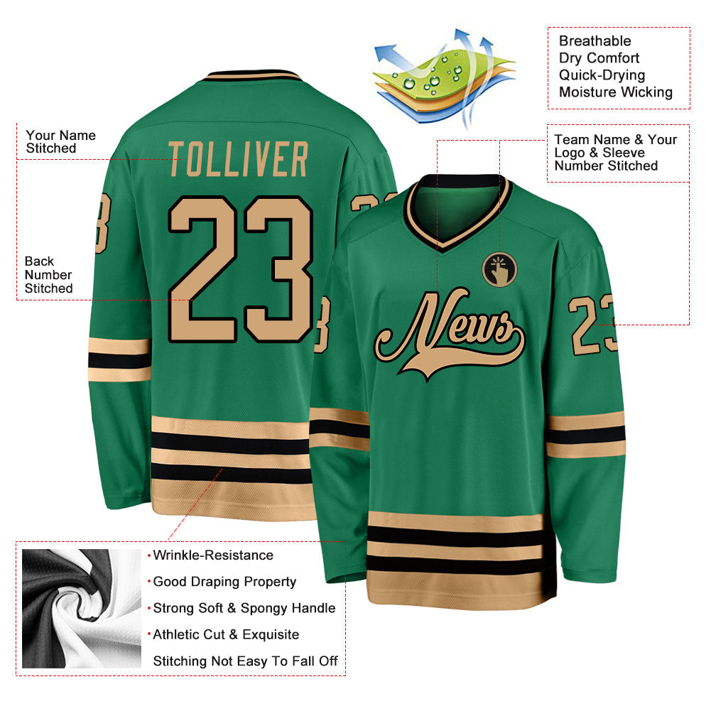 Custom Kelly Green Old Gold-Black Hockey Jersey - Sky-Custom