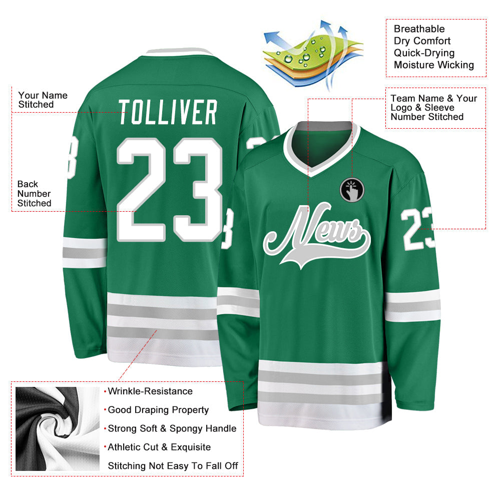 Custom Kelly Green White-Gray Hockey Jersey - Sky-Custom