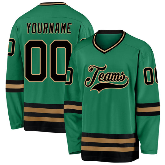 Custom Kelly Green Black-Old Gold Hockey Jersey - Sky-Custom