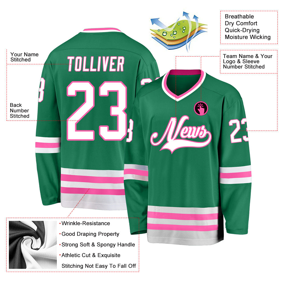 Custom Kelly Green White-Pink Hockey Jersey - Sky-Custom