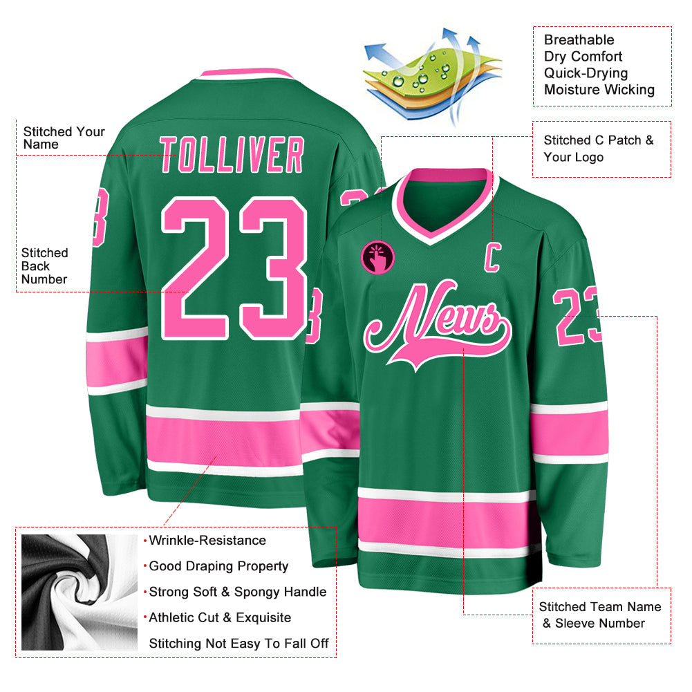 Custom Kelly Green Pink-White Hockey Jersey - Sky-Custom