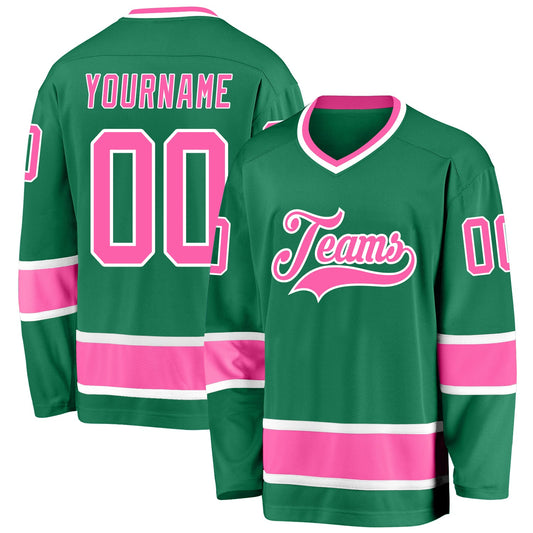 Custom Kelly Green Pink-White Hockey Jersey - Sky-Custom
