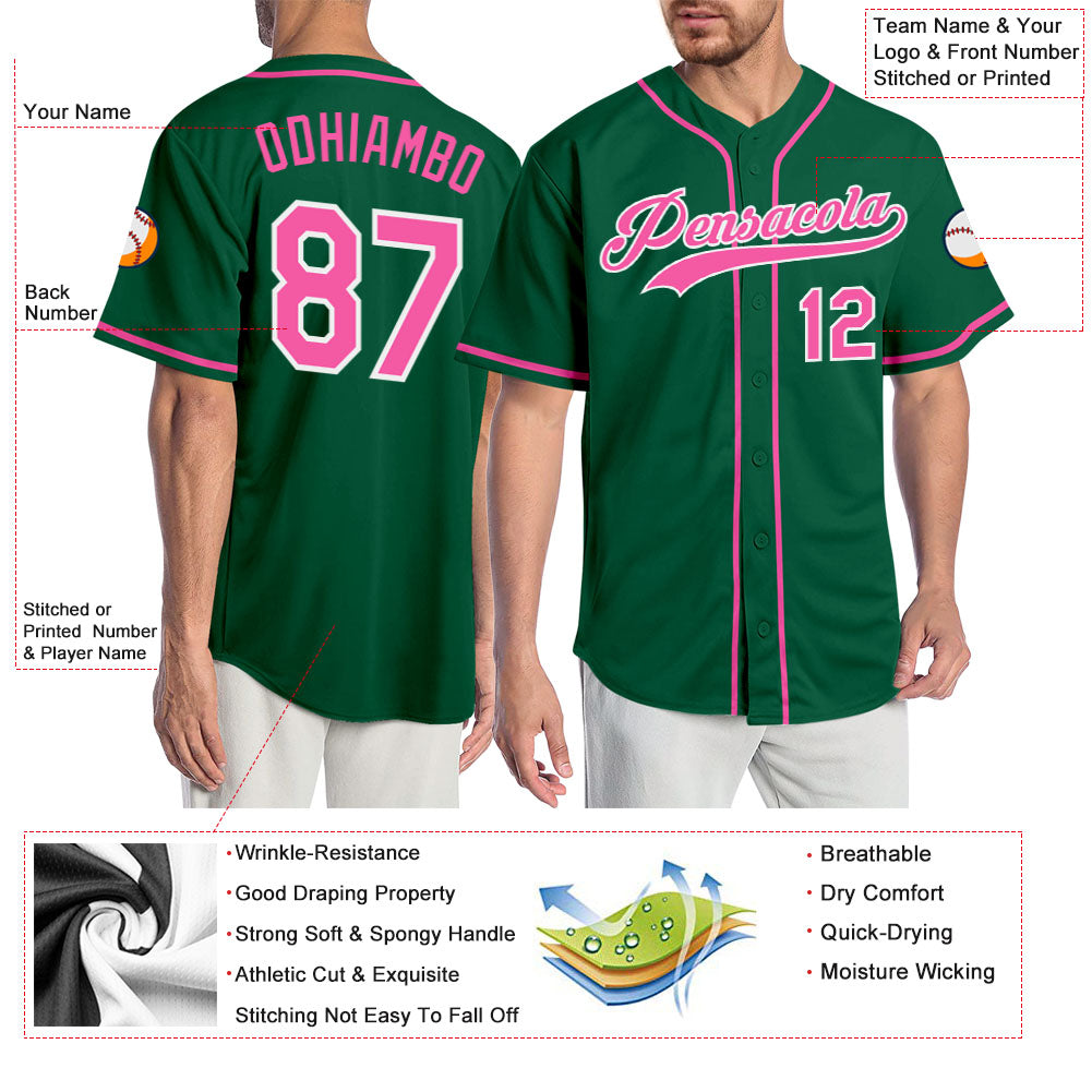 Custom Kelly Green Pink-White Authentic Baseball Jersey - Sky-Custom