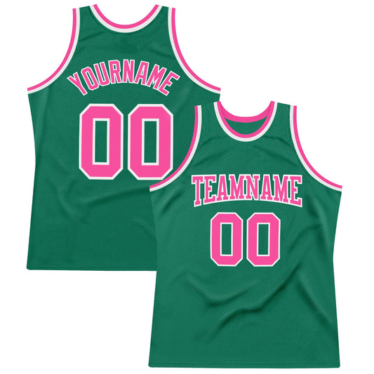 Custom Kelly Green Pink-White Authentic Throwback Basketball Jersey - Sky-Custom