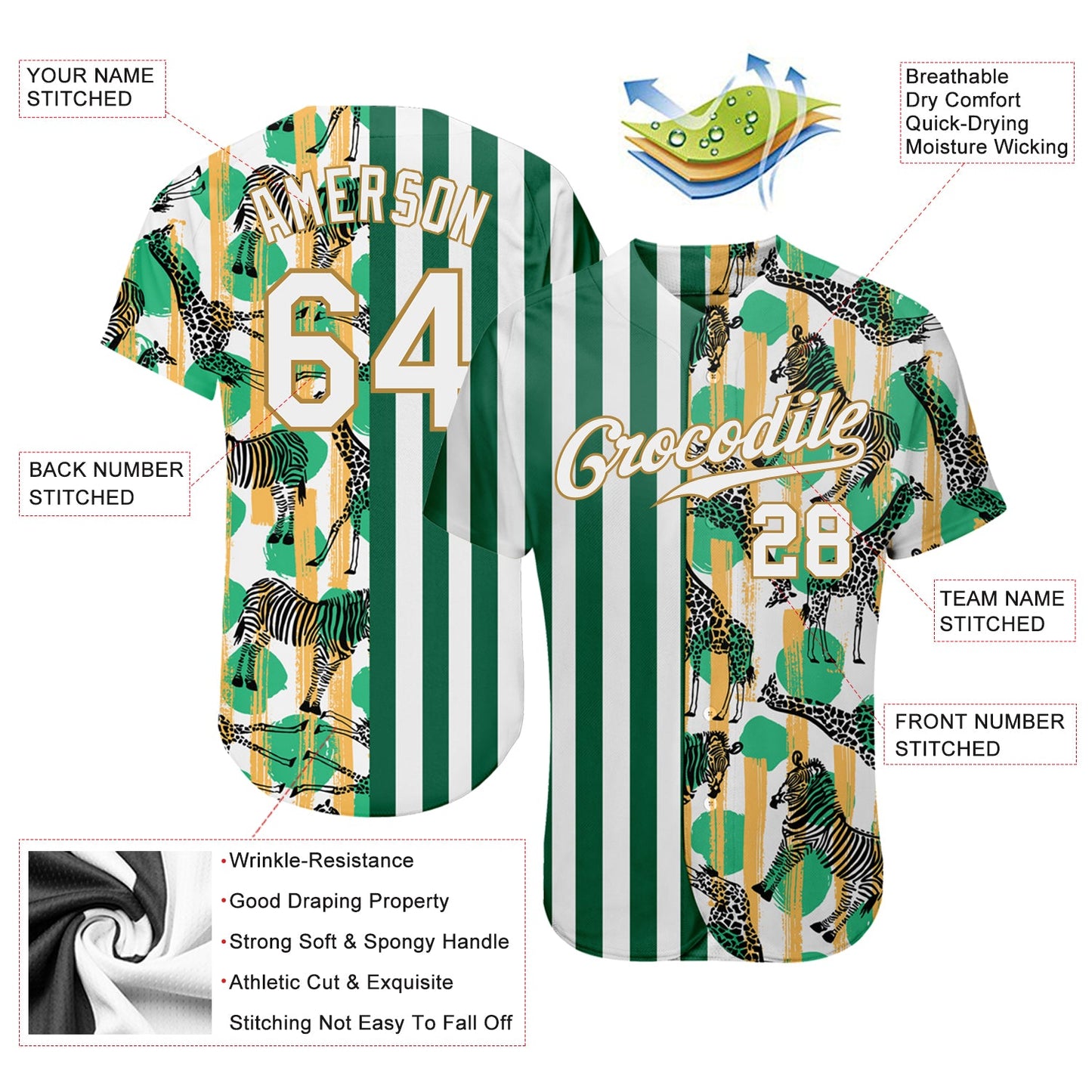 Custom Kelly Green White-Old Gold 3D Pattern Design Zebras And Giraffes Authentic Baseball Jersey - Sky-Custom