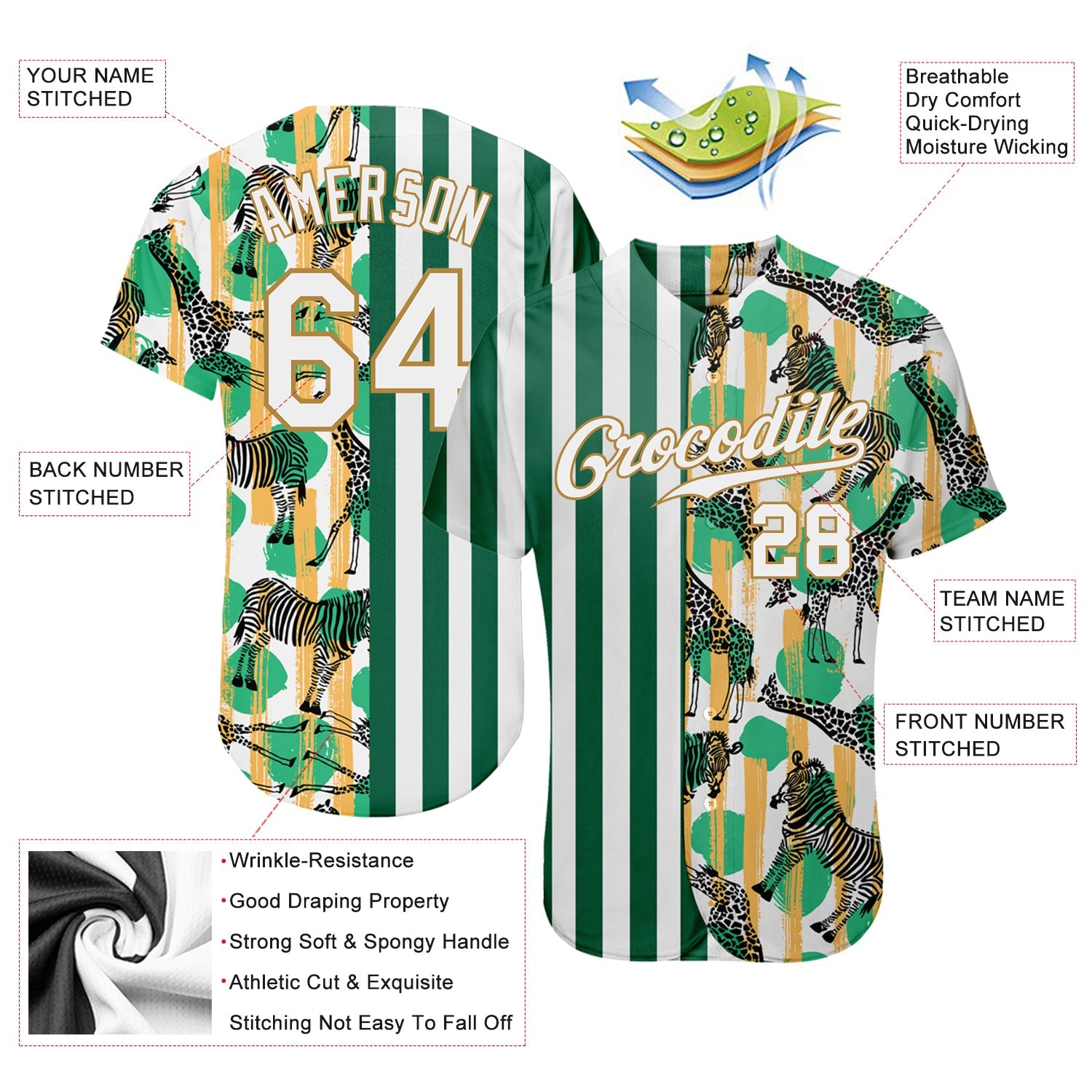 Custom Kelly Green White-Old Gold 3D Pattern Design Zebras And Giraffes Authentic Baseball Jersey - Sky-Custom