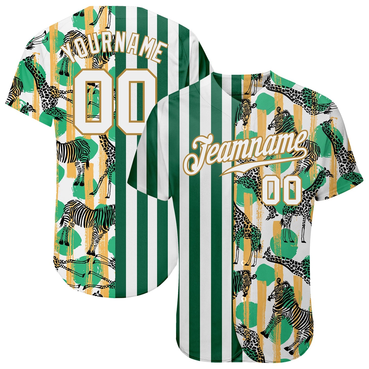 Custom Kelly Green White-Old Gold 3D Pattern Design Zebras And Giraffes Authentic Baseball Jersey - Sky-Custom