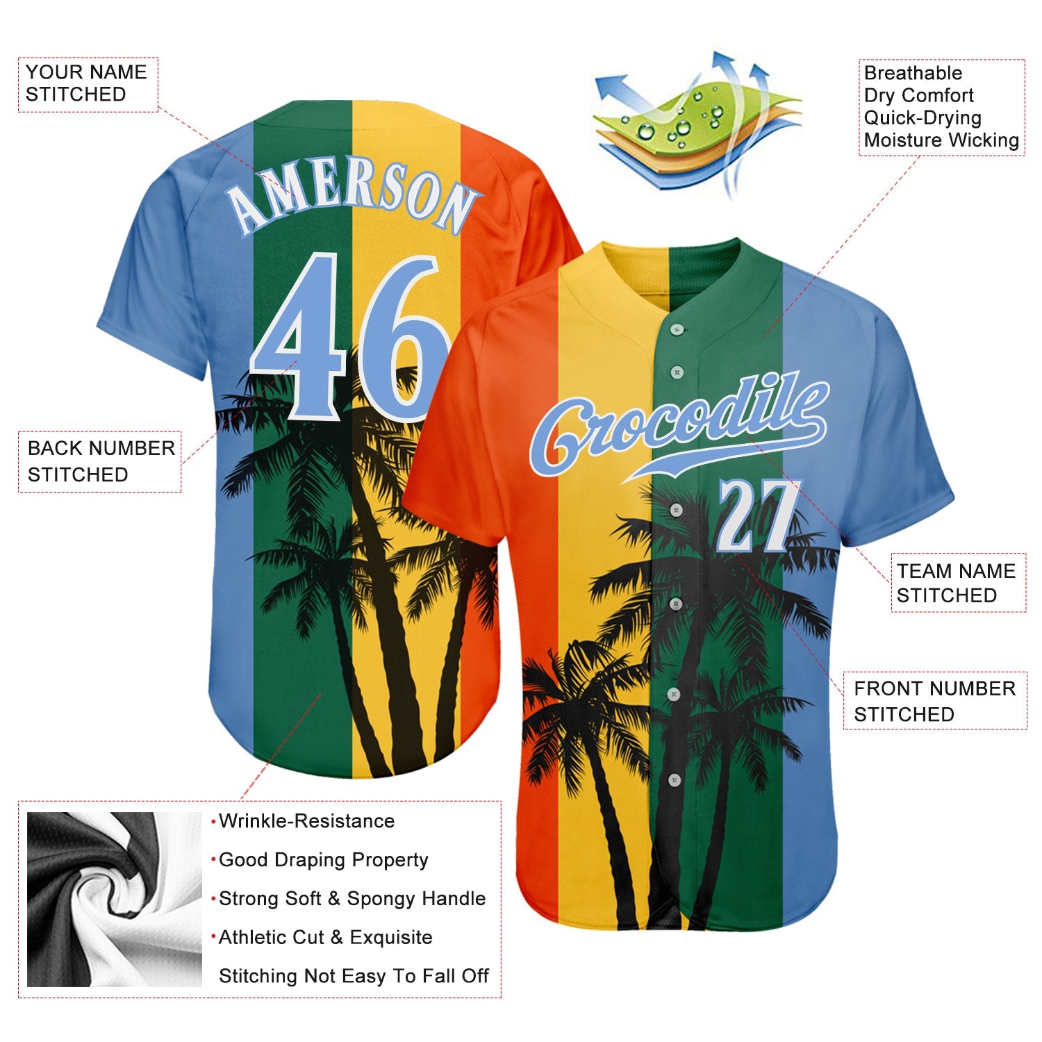 Custom Kelly Green Light Blue-White 3D Pattern Design Hawaii Coconut Trees Authentic Baseball Jersey - Sky-Custom