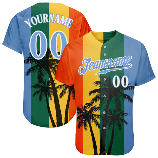 Custom Kelly Green Light Blue-White 3D Pattern Design Hawaii Coconut Trees Authentic Baseball Jersey - Sky-Custom