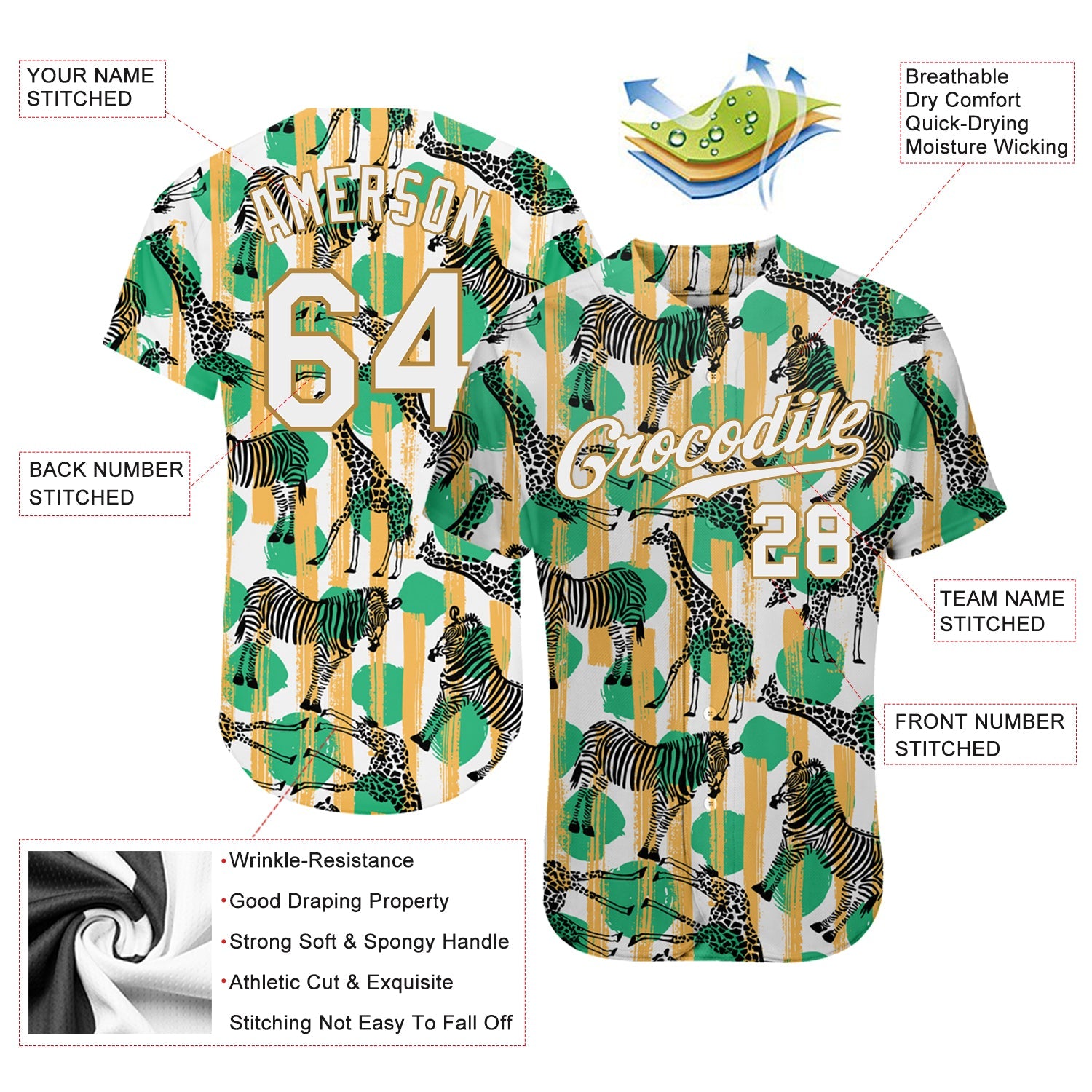 Custom Kelly Green White-Old Gold 3D Pattern Design Zebras And Giraffes Authentic Baseball Jersey - Sky-Custom