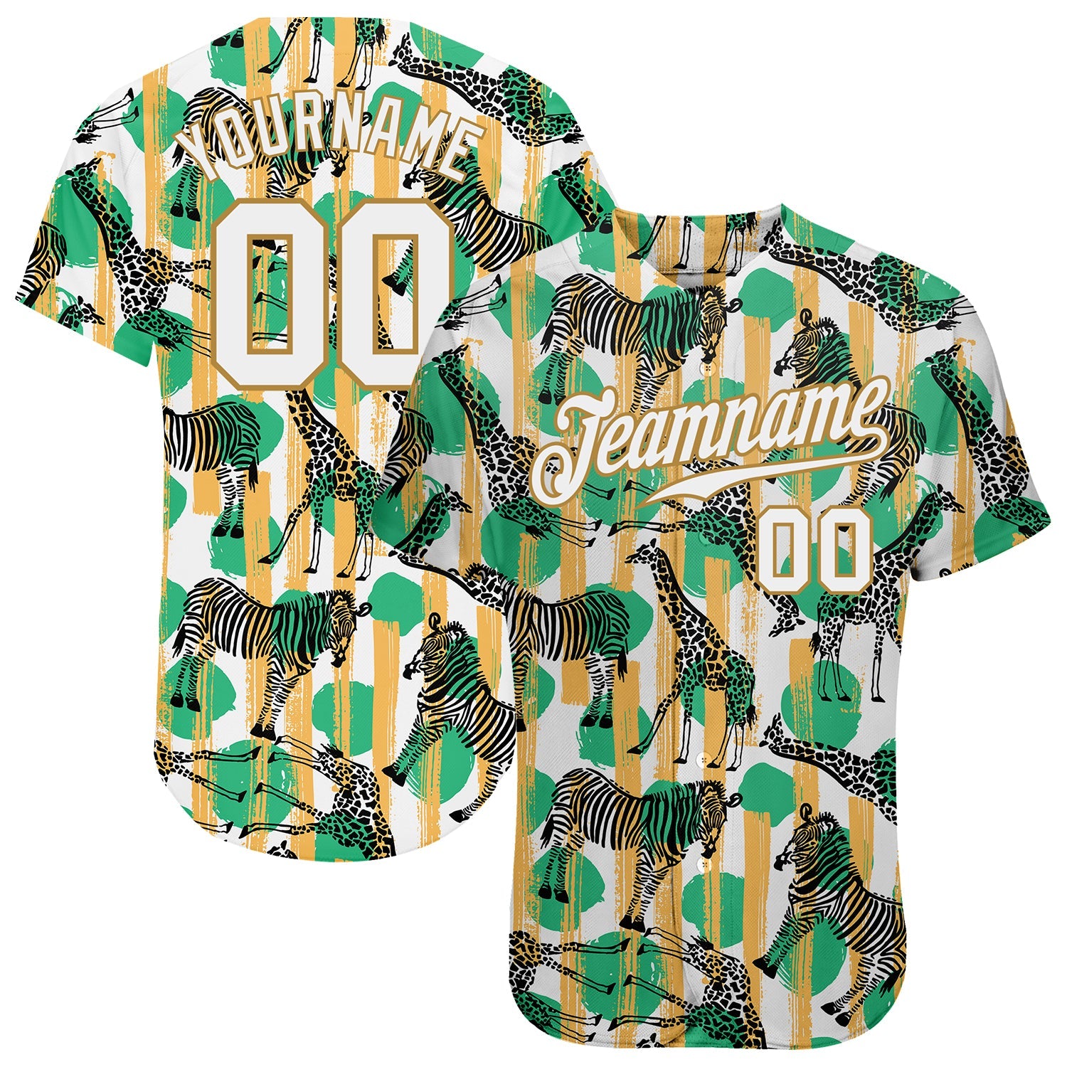 Custom Kelly Green White-Old Gold 3D Pattern Design Zebras And Giraffes Authentic Baseball Jersey - Sky-Custom
