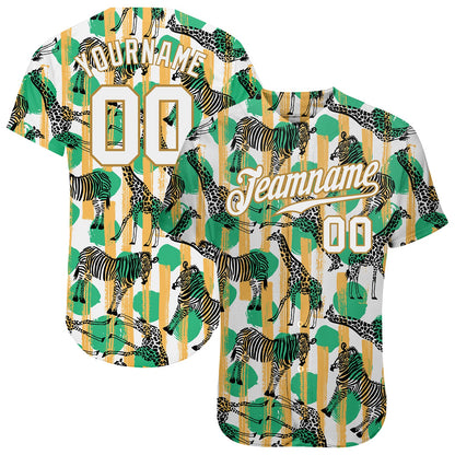 Custom Kelly Green White-Old Gold 3D Pattern Design Zebras And Giraffes Authentic Baseball Jersey - Sky-Custom