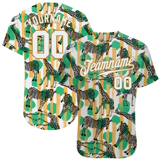 Custom Kelly Green White-Old Gold 3D Pattern Design Zebras And Giraffes Authentic Baseball Jersey - Sky-Custom