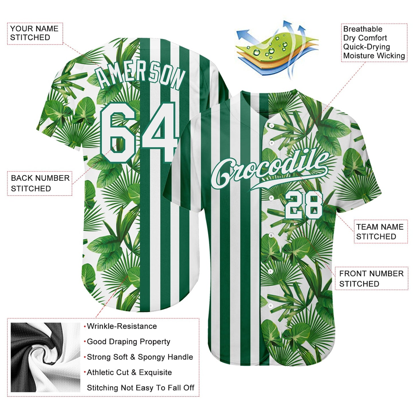 Custom Kelly Green White-Kelly Green 3D Pattern Design Tropical Palm Leaves Authentic Baseball Jersey - Sky-Custom