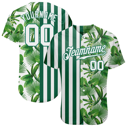 Custom Kelly Green White-Kelly Green 3D Pattern Design Tropical Palm Leaves Authentic Baseball Jersey - Sky-Custom