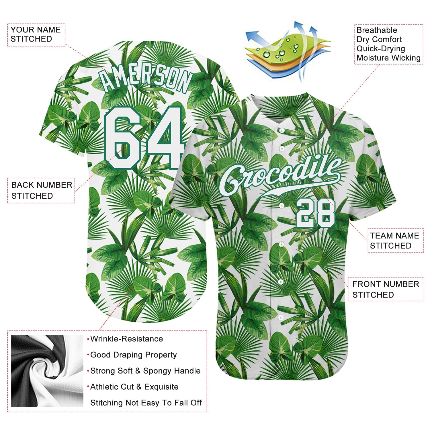 Custom Kelly Green White-Kelly Green 3D Pattern Design Tropical Palm Leaves Authentic Baseball Jersey - Sky-Custom