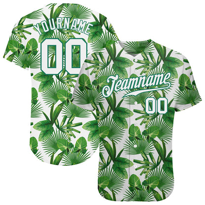 Custom Kelly Green White-Kelly Green 3D Pattern Design Tropical Palm Leaves Authentic Baseball Jersey - Sky-Custom