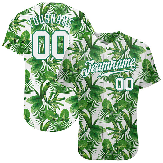 Custom Kelly Green White-Kelly Green 3D Pattern Design Tropical Palm Leaves Authentic Baseball Jersey - Sky-Custom