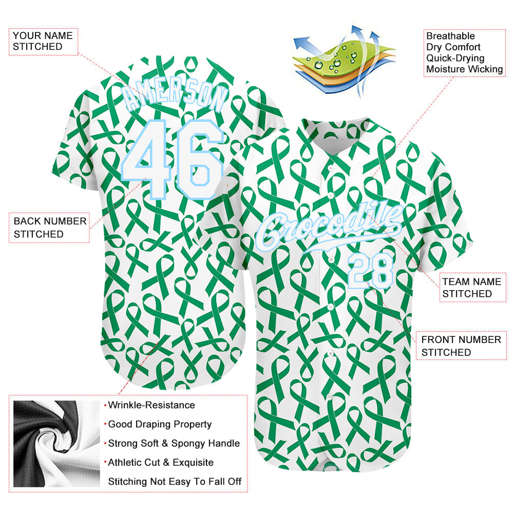 Custom Kelly Green White-Light Blue 3D Pattern Design Breast Cancer Authentic Baseball Jersey - Sky-Custom