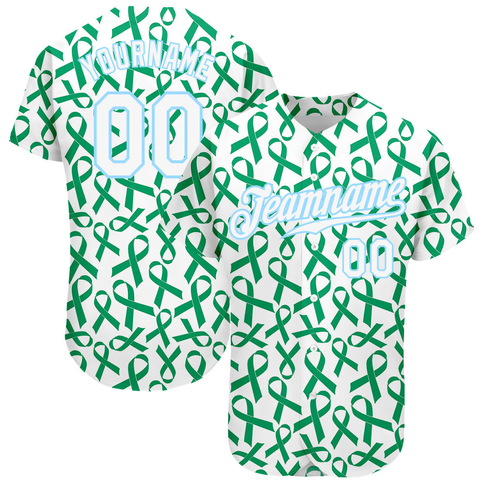 Custom Kelly Green White-Light Blue 3D Pattern Design Breast Cancer Authentic Baseball Jersey - Sky-Custom