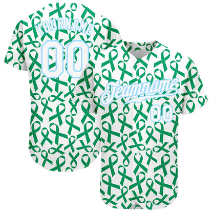 Custom Kelly Green White-Light Blue 3D Pattern Design Breast Cancer Authentic Baseball Jersey - Sky-Custom
