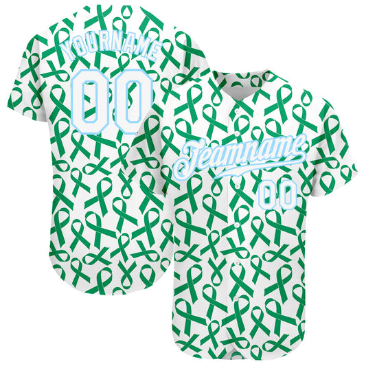 Custom Kelly Green White-Light Blue 3D Pattern Design Breast Cancer Authentic Baseball Jersey - Sky-Custom
