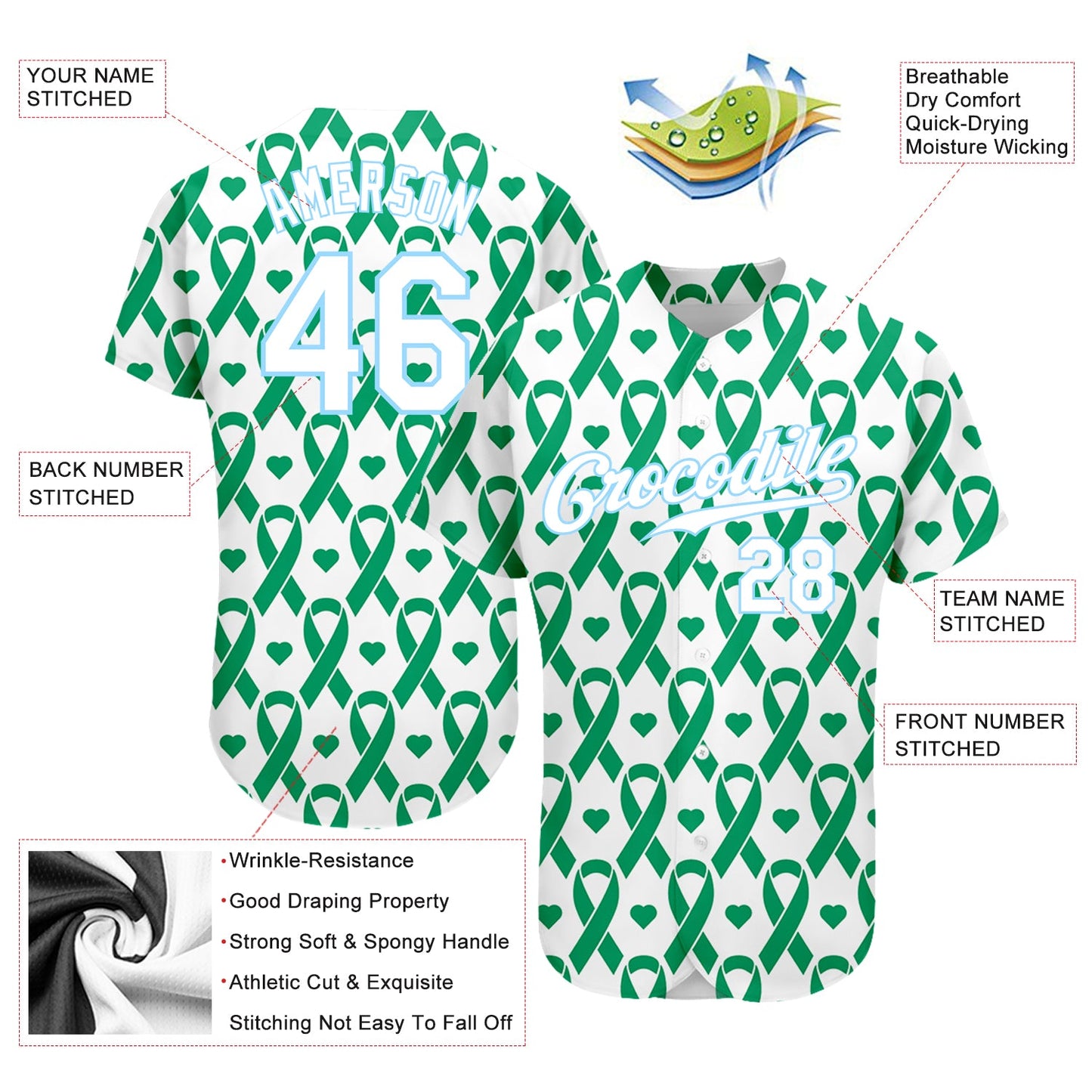 Custom Kelly Green White-Light Blue 3D Pattern Design Breast Cancer Authentic Baseball Jersey - Sky-Custom