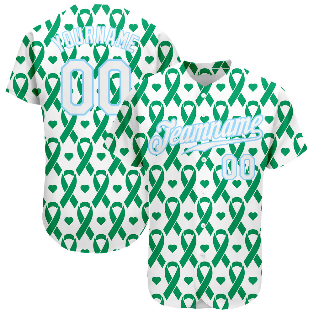 Custom Kelly Green White-Light Blue 3D Pattern Design Breast Cancer Authentic Baseball Jersey - Sky-Custom