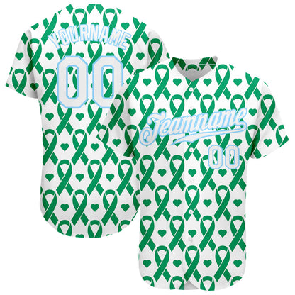 Custom Kelly Green White-Light Blue 3D Pattern Design Breast Cancer Authentic Baseball Jersey - Sky-Custom