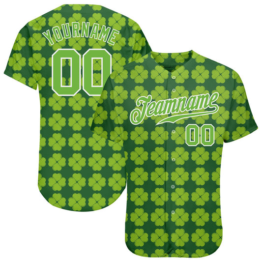 Custom Kelly Green Neon Green-White 3D Pattern Design Authentic St. Patrick's Day Baseball Jersey - Sky-Custom