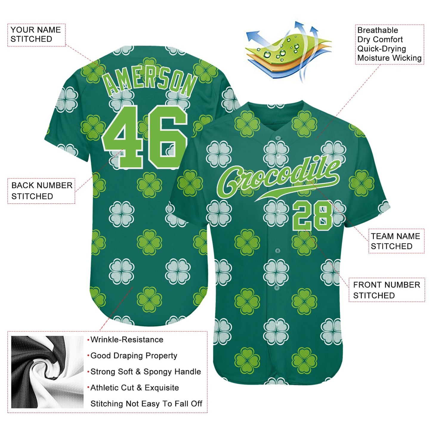 Custom Kelly Green Neon Green-White 3D Pattern Design Authentic St. Patrick's Day Baseball Jersey - Sky-Custom